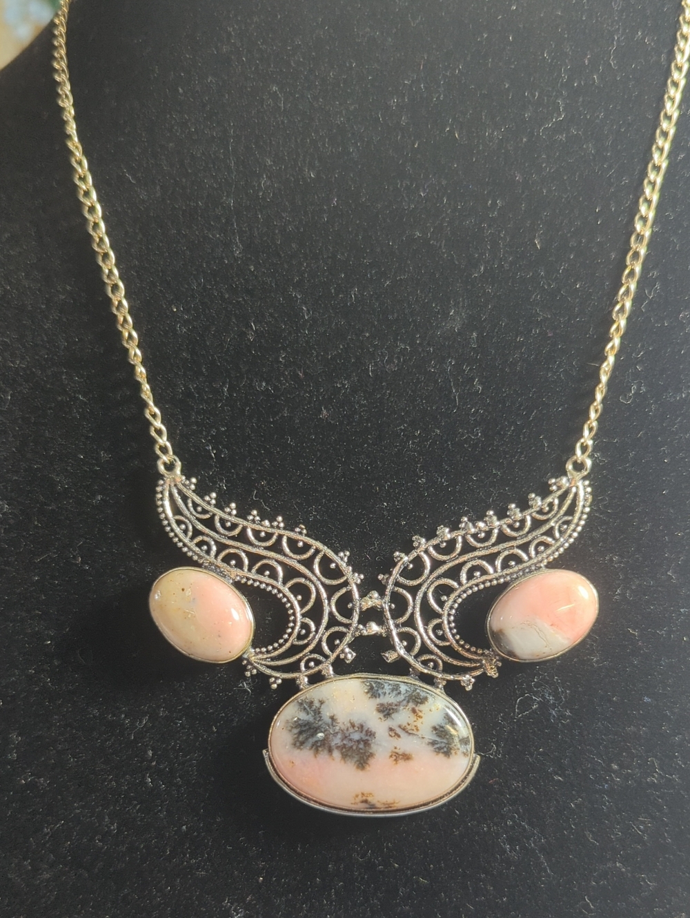 Dendritic Pink Opal 3 Stone Necklace-New